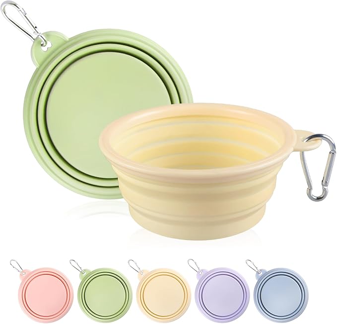 Collapsible Dog Bowls 2-Pack, Portable Travel Dog Bowl with Carabiner, Food-Grade Silicone Pet Bowl for Hiking, Walking(Macaron Yellow and Green)