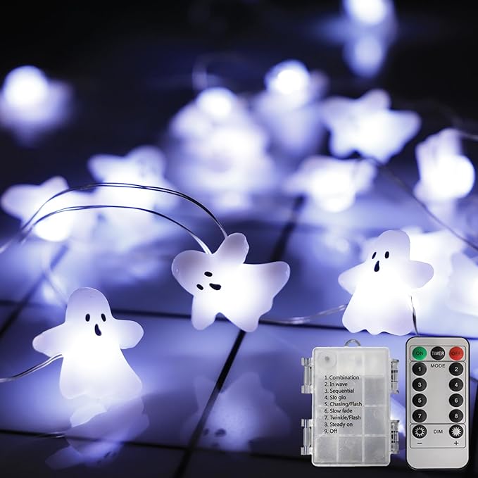 Halloween String Lights Ghost Decorations, 30 LED Copper String Lights with Remote Control & Waterproof Battery Operated Fairy Lights for Indoor Outdoor, Christmas, Halloween Room Decor (White Ghost)