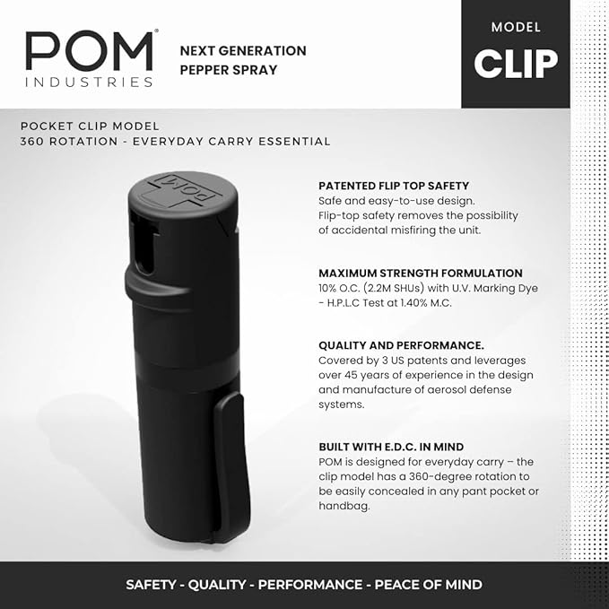 POM Pepper Spray Pocket Clip, Quick Flip Top Safety, Maximum Strength OC Formula with UV Marking Dye, Safe Compact and Tactical Design for Everyday Carry, 25 Bursts, 10 ft Range, 0.5 fl oz