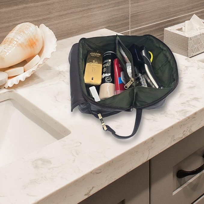 Coyote Bay® Premium Full Grain Soft Leather Makeup Bag Large 9 Inch, Travel Organizer Pouch, Shaving Kit, Cosmetics Toiletry Bathroom Organizer Kit