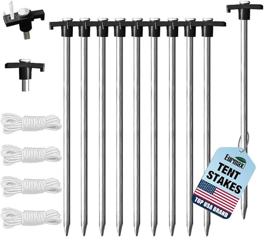 Eurmax USA Galvanized Non-Rust Camping Family Tent Pop Up Tent Stakes Canopy Anchors Heavy Duty 10pc-Pack, with 4x10ft Ropes & 1 Stopper(Black)