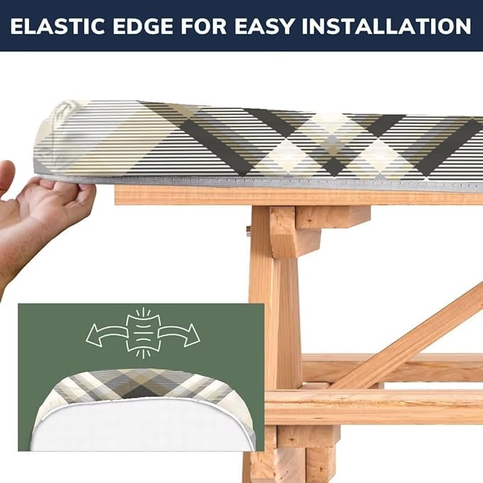 CAPSCEOLL Picnic Table Cover with Bench Covers 8Ft Farm Plaid Waterproof Camping Tablecloth All-Weather Outdoor Table Protector with Drawstring Bag for Camping Essentials, 96X30In, Grey White