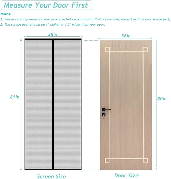 DOOREASY Magnetic Screen Door, Reinforced Polyester Screen Door, Self Sealing Magnets, Pet and Kid Friendly, Easy Installation Door Mesh Screen Size 38" x 81", Fit Door Size 36 x 80 inch