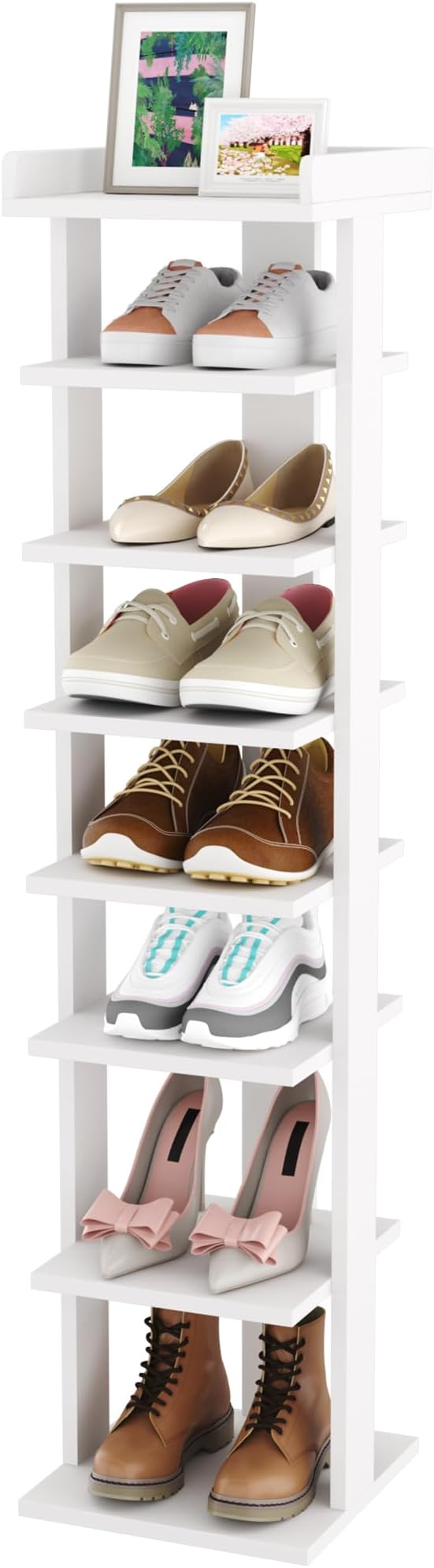 HOMEFORT 7-Tier Wood Shoe Rack, Entryway Shoe Tower,Vertical Shoe Organizer, Wooden Shoe Storage Stand, White
