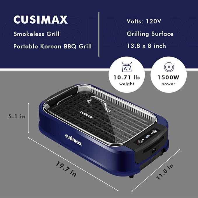 Indoor Grill CUSIMAX Electric Smokeless Grill Portable Korean BBQ Grill with Turbo Smoke Extractor Technology, Non-stick Removable Plate, Tempered Glass Lid, Great for Party(Single Plate)