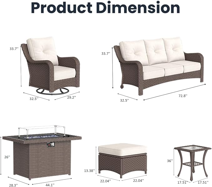 10 Pieces Outdoor Patio Furniture Sets with Rocking Swivel Chairs with 6-inch Thick Cushion and Fire Pit Table for Deck Lawn