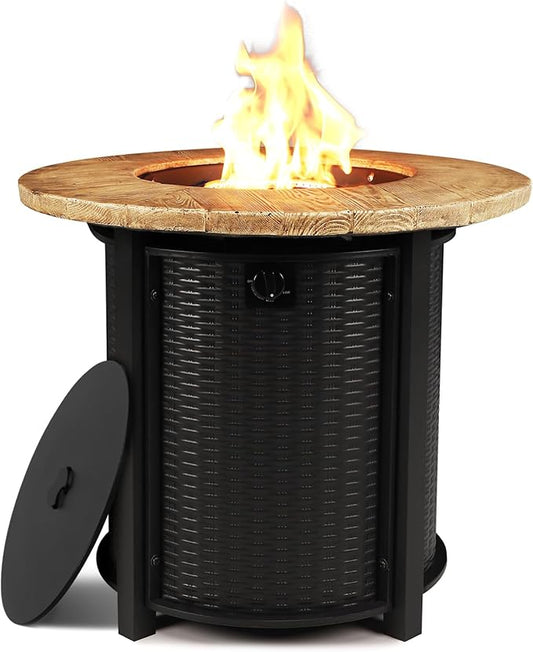 30 Inch Round Propane Fire Pit,50,000 BTU Iron Gas Firepit with Ignition Systems, w/Lid, Glass Stones,Outdoor Fire Table for Outside Patio,Deck-Black