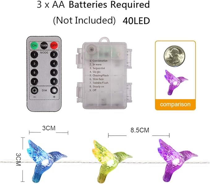 Hummingbird Decorative String Lights, 13.85 Ft 40 Cool White LED Weatherproof Battery Operated 8 Modes Spring Fairy Lights for Holiday Parties Bedrooms Weddings Gardens with Remote and Timer