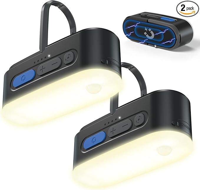 Motion Sensor Camping Lights,Rechargeable Camping Lantern, Portable Hanging Tent Lights,IPX5 Waterproof Emergency Light for Outdoor,SOS Mode Hurricane Power Outages,Magnet Work Light,2 Pack