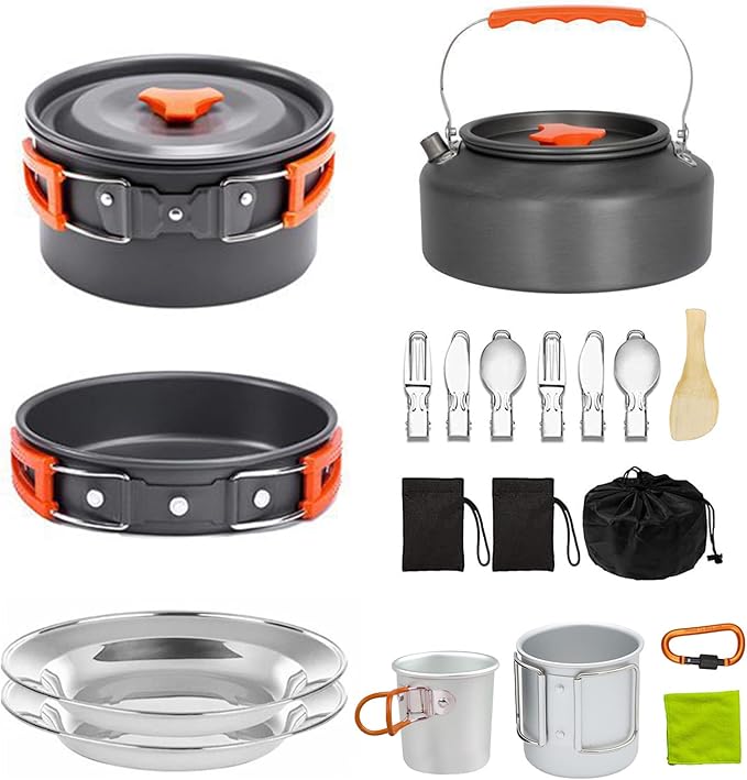 Camping Cooking Set Camping Cookware Outdoor Aluminum Mess Kit with Frying Pan, Pot with Lid, 1.2L Kettle Set and 2 Stainless Steel Plate, 2 Folding Cups and 2 Set Knives Spoons for Backpacking Picnic