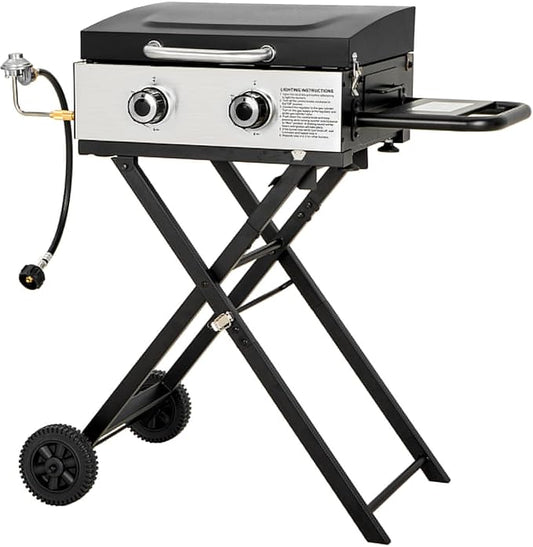 GREEN PARTY 2 Burner BBQ Propane Gas Griddle with Collapsible Stand, 18 Inch Portable Griddle with Side Table & 253 Sq. In. Cooking Area, Flat Top Gas Grill for Outdoor Cooking Garden Patio Backyard