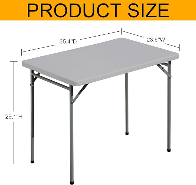 Folding Table 3ft Rectangular All-Occasion Plastic Folding Event Table for Indoor and Outdoor, Portable Desk, Camping, Durable and Stable, HDPE and Steel, Wide Application, Grey