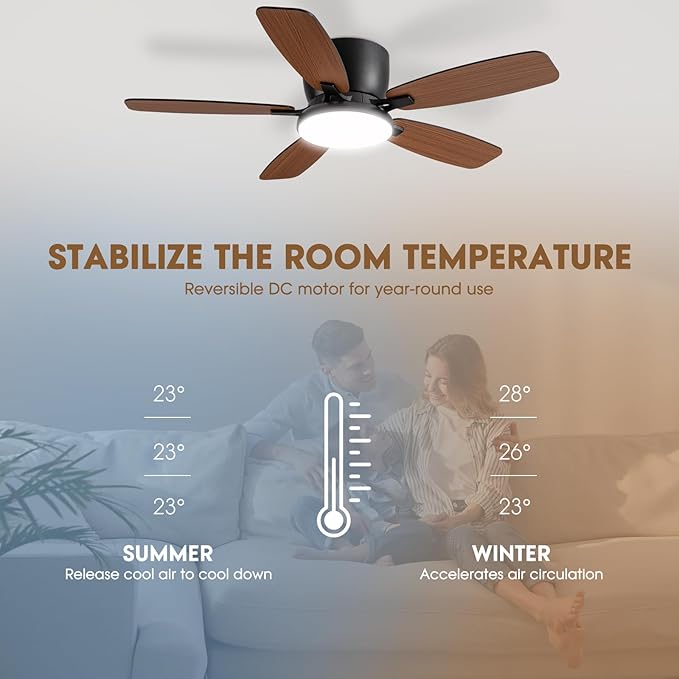 Ceiling Fans with Lights, 44" Low Profile Ceiling Fan with Light Remote Control, 6 Speed 35dB Ultra Quiet Smart Ceiling Fan with Reversible DC Motor, Dimmable 3CCT LED for Bedroom/Living Room (Black)