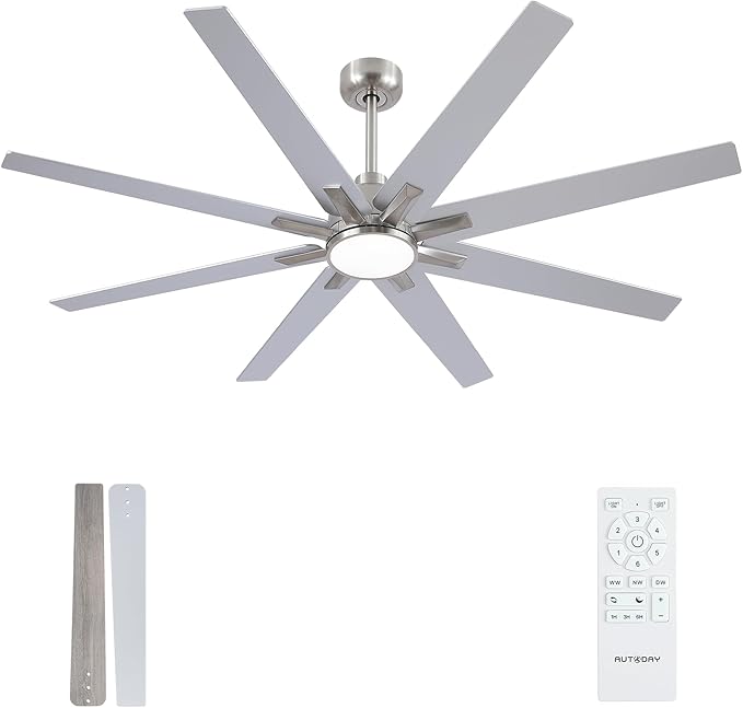 62 inch Brushed Nickel Ceiling Fan with Light & Remote, Indoor/Outdoor 8-Blade Fan, 6-Speed Silent Reversible DC Motor, 3CCT LED, Timer, 2 Downrods for Living Room/Patio