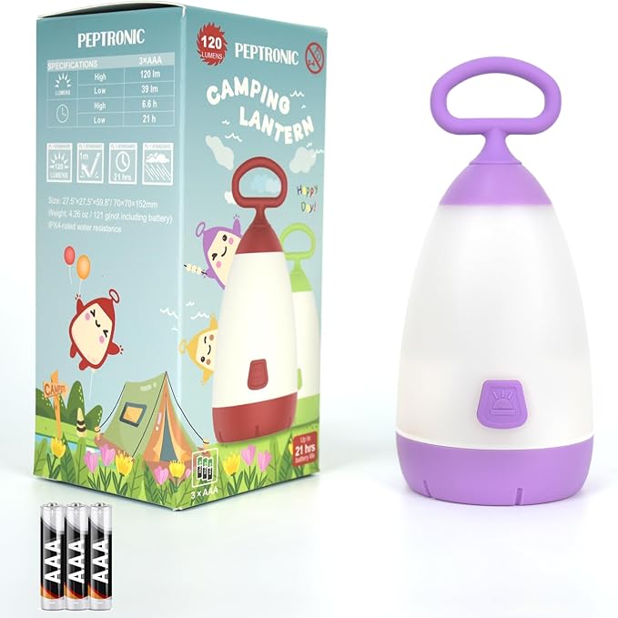 Kids Camping Lantern & Night Light Battery Powered (AAA Included), 360° Eye-Safe Light, IPX4 Waterproof with RGB Modes Portable for Outdoor, Emergency & Bedtime, Gift for Children (Purple)