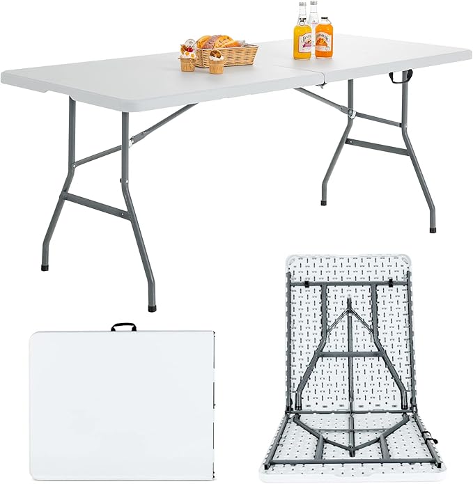 Goplus 6ft Folding Table, Indoor Outdoor Foldable Plastic Folding Tables, Heavy-Duty Rectangular Fold Up Table w/Handle, Portable Utility Card Table for Picnic, Party, Dining, Camping, Beach, White