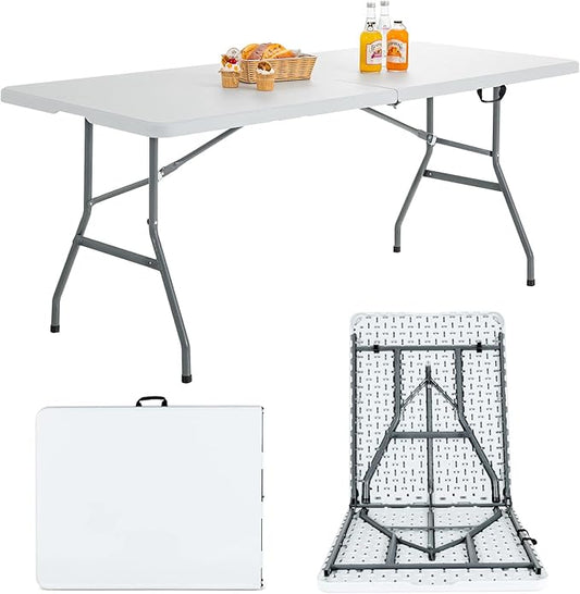 Goplus 6ft Folding Table, Indoor Outdoor Foldable Plastic Folding Tables, Heavy-Duty Rectangular Fold Up Table w/Handle, Portable Utility Card Table for Picnic, Party, Dining, Camping, Beach, White