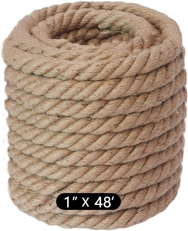 48 feet 1Inch Thick Manila Rope, JANNO Natural Twisted Hemp Rope for Tug War Home Garden Decorating, Hammock, Railings, Landscaping, Boat Fixing, Packing, DIY Arts Crafts, Cat Scratching Post and More