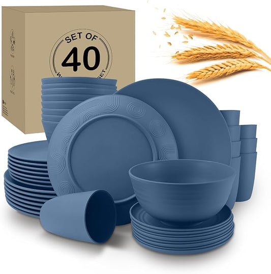40Pack plates and bowls sets for kids - Unbreakable wheat straw dinnerware sets service for 8 - Alternative plastic 40pcs dishes for kitchen, camping and indoors dinning - (Blue)