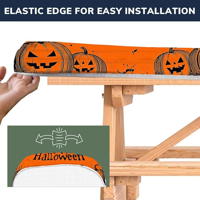 CAPSCEOLL Elastic Picnic Table Cover with Bench Covers 5Ft Waterproof Fitted Picnic Table Cover Cloths for Outdoors Camping Tablecloth with Drawstring Bag, 60X30in, Happy Halloween
