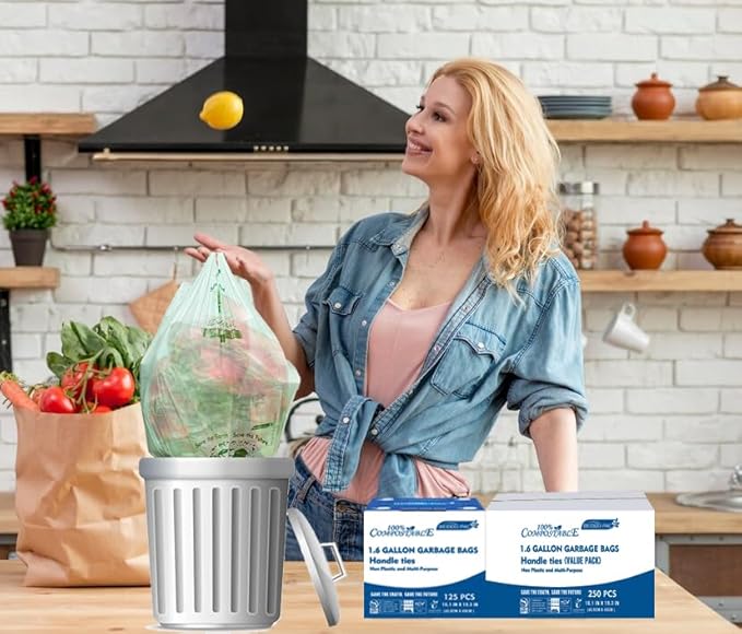 1.6 Gallon Compostable Trash Bags with Handle, 125 Count Small Compost Bags, Biodegradable Kitchen Garbage Bags, Food Scrap Waste Bags for Countertop Bin, ASTM D6400, US BPI Certified