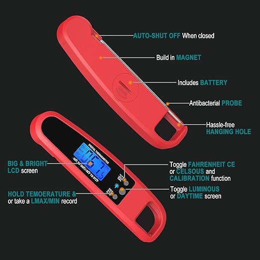 Instant Read Meat Thermometer for Kitchen Cooking, Ultra Fast Precise Waterproof Digital Food Thermometer with Backlight, Magnet and Foldable Probe for Deep Fry, Outdoor BBQ, Grill(RED)
