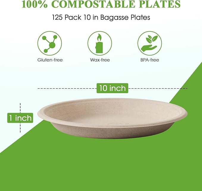 ECOLipak 125 Pack Paper Plates 10 inch 100% Compostable, Heavy-Duty Dinner Plates Disposable Bagasse Deep Dish Natural Biodegradable Eco-Friendly Sugarcane (Brown)