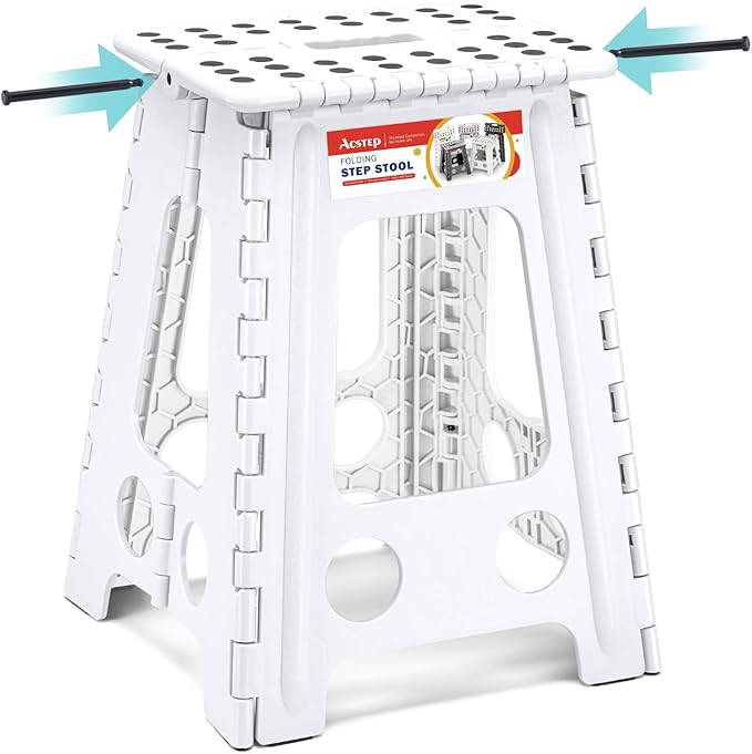 ACSTEP Folding Step Stool 17.5 Inch Heavy Duty Step Stool Foldable for Adults and Kids, Collapsible Stepping Stool with Handle, Non Slip Folding Stools for Kitchen Hold Up to 400lbs (White 1PC)