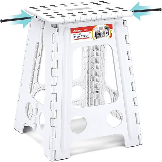 ACSTEP Folding Step Stool 17.5 Inch Heavy Duty Step Stool Foldable for Adults and Kids, Collapsible Stepping Stool with Handle, Non Slip Folding Stools for Kitchen Hold Up to 400lbs (White 1PC)