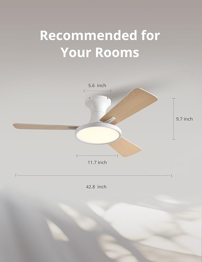Orison Ceiling Fans with Lights, 42 inch Low Profile Ceiling Fan with Light and Remote Control, White Bedroom Ceiling Fans with Light,3CCT,Reversible,Dimmable,Noiseless,Indoor/Outdoor Use