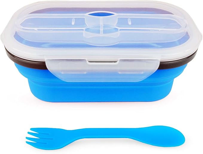 CARTINTS 800ml Collapsible Bento Lunch Box, Silicone Food Storage Container, with Leakproof Lids and Spoon, Microwave Freezer Safe, Blue