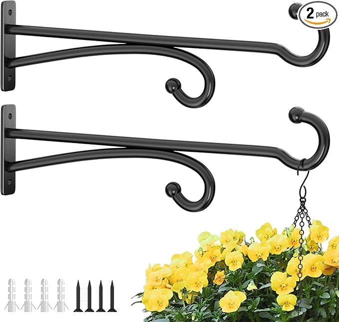 15" Plant Hooks for Hanging Baskets - Heavy Duty Metal Plant Hangers for Indoor & Outdoor Use, Wall Mount Brackets for Hanging Plants, Planters, Bird Feeders, Wind Chimes, Bird Houses - Black, 2 Pack
