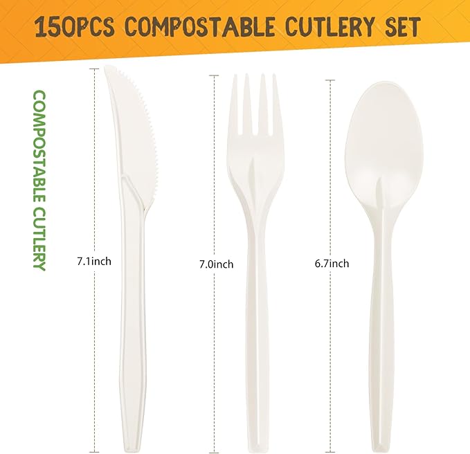 Gezond 100% Compostable Cutlery Set 300 Pack Extra Long Disposable Cutlery with 150 Forks 100 Spoons 50 Knives 7 Inch No Plastic Biodegradable Utensils for Party Wedding Camping Office Picnic