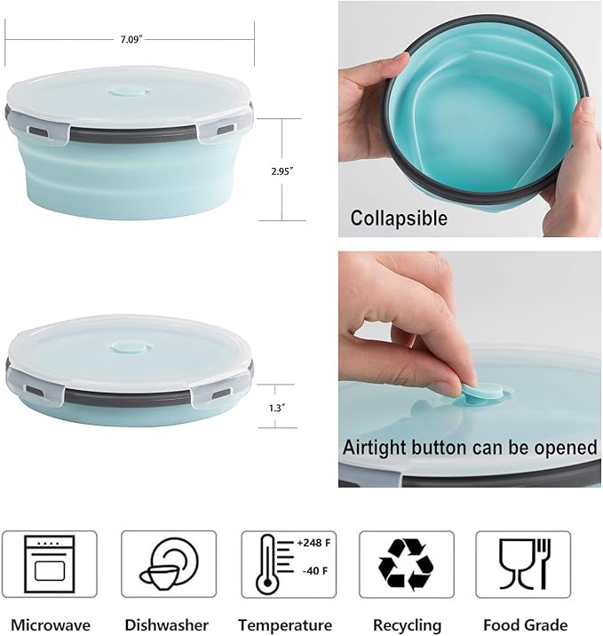 COLORCORAL Camping Bowl with Lid Collapsible Silicone Bowl and Foldable Stainless Steel Fork for Travel and Camping Microvave and Fridge Food Storage Bowl from (1200ML)…