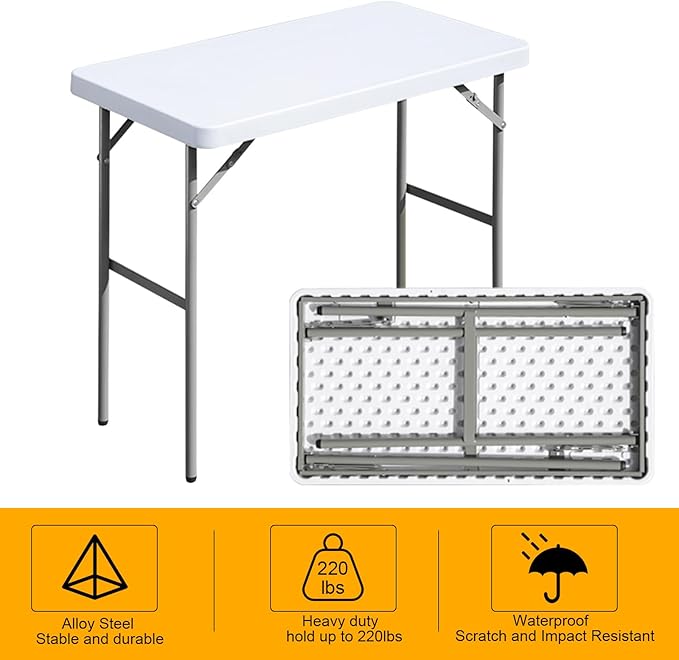 Folding Table 2.7ft Rectangular All-Occasion Plastic Folding Event Table for Indoor and Outdoor, Portable Desk, Camping, Durable and Stable, HDPE and Steel, Wide Application, White