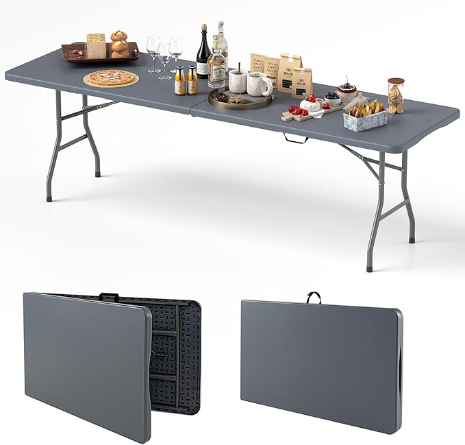 Goplus 8ft Plastic Folding Table, 350 LBS Outdoor Heavy Duty Folding Tables with HDPE Tabletop, Handle, Lock, Foldable Rectangle Portable Utility Card Table for Picnic, Party, Camping, Dining