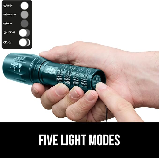 GORILLA GRIP Powerful LED Tactical Flashlight, 750 FT High Lumens 5 Adjustable Modes, Water Resistant, Ultra Bright Zoom Flashlights, Small Mini Flash Light, Camping, Night Dog Walking, Teal Blue