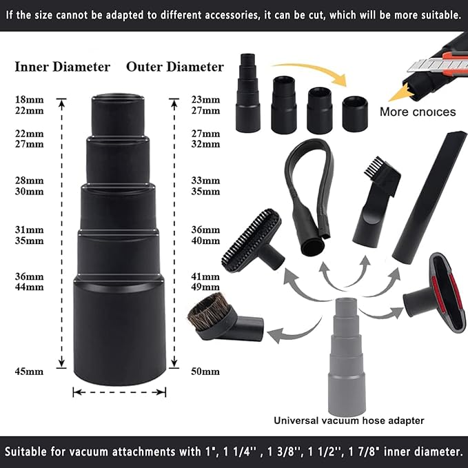 12Pcs Universal Vacuum Attachment Professional Shop Vac Accessories Wet Dry Vacuum Hose Adapter with Hair Brush Extension Wand Flexible Crevice Tool fit 2 1/2" to 1 1/4" and 1 7/8" to 1" Vacuum Hose
