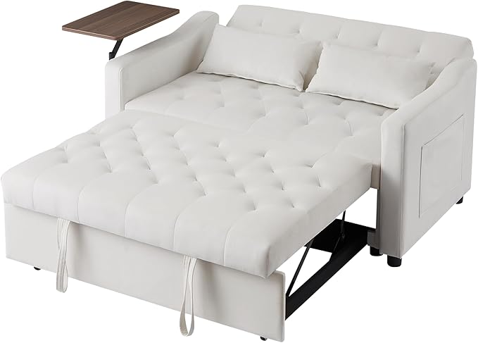 3-in-1 Convertible Sleeper Sofa Bed, Pullout Couch with 360° Swivel Side Table, Modern Chenille Fabric, Easy to Assemble, Folding Loveseat Sofa Bed for Living Room & Guest Room