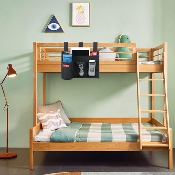 Hanging Bedside Caddy, Bedside Storage Organizer for Magazine, Phone, Remote control (4 Pockets-Black)