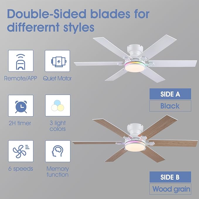 52" RGB Ceiling Fans with Lights and Remote,White Low Profile Ceiling Fans with Quiet Reversible DC Motor, Modern Flush Mount Fans Light for Kids Room Bedroom