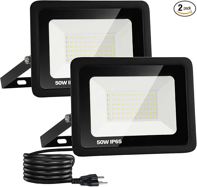 2 Pack Outdoor Flood Light, 5000LM Super Bright LED Work Light with 5.9FT Plug, IP65 Waterproof, 6000K Daylight White, 180Adjustable Bracket for Garage, Yard