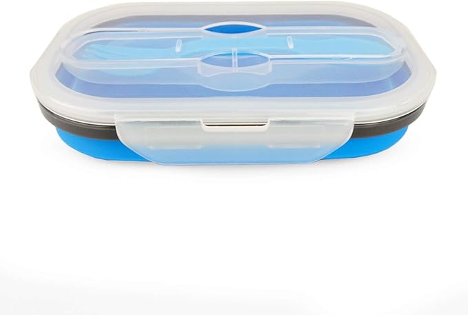 CARTINTS 800ml Collapsible Bento Lunch Box, Silicone Food Storage Container, with Leakproof Lids and Spoon, Microwave Freezer Safe, Blue