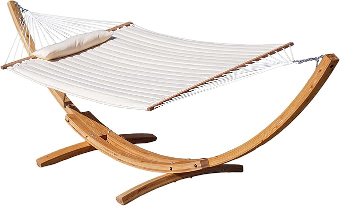 Lazy Daze Hammocks 12 FT Double Quilted Fabric Hammock and 13 FT Natural Wooden Arc Stand, with Spreader Bar, Removable Pillow, 2 Person Hammock for Poolside Outdoor Patio, 450 lb Capacity, Natural