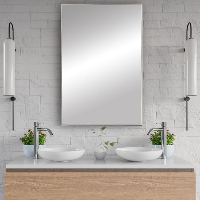 Frame My Mirror Silver Metal Framed Mirror, 32" x 54" Mirror for Bathroom, Metal Frame, True Reflections Glass, Satin Nickel Finish, Stanton Design, Hangs Horizontally or Vertically, Made in USA