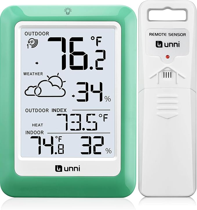 Indoor Outdoor Thermometer Wireless, Temperature Humidity Monitor Battery Powered Inside Outside Thermometers with 330ft Range Remote Sensor(Green)