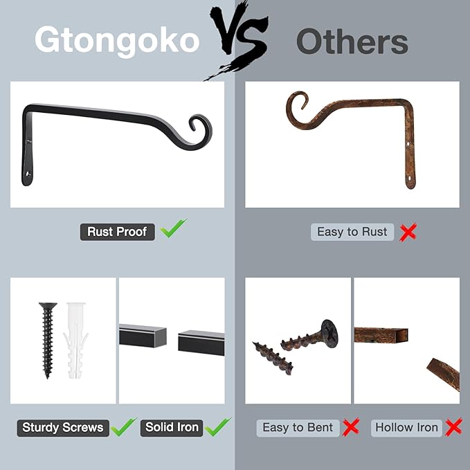 Gtongoko 2 Pack 10 Inch Plant Hangers Outdoor Metal, Plant Hooks for Wall Indoor, Outdoor Hooks for Hanging Bird Feeders, Plant Bracket, Lanterns, Wind Chinme, Black