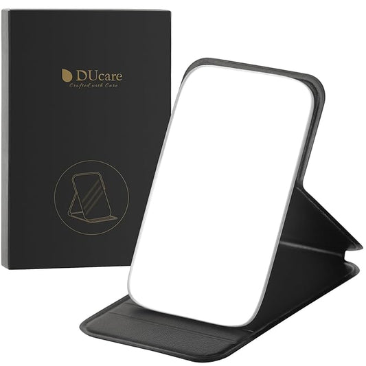 DUcare Mini Folding Mirror Portable Travel PU Portable Adjustable Rectangular Ultrathin Vanity Mirror with Stand, for Travel, Camping,Home