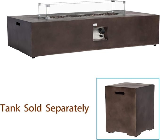 COSIEST Outdoor Propane Fire Pit Table 56" x 28" Rectangle Bronze Compact Concrete-Like Finish, CSA Certified, 50,000 BTU,Wind Guard, Tank Outside, Free Lava Rocks, Fits 20lb Tank Outside, Raincover