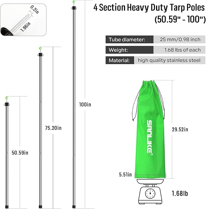 SANLIKE Telescoping Tarp Pole Heavy Duty Tent Poles, 33"-86.6"/94" Thickened Tube Collapsible Stainless Steel Canopy Poles for Camping Backpacking Hiking Awning Sun Sails Outdoor Sports, Set of 2
